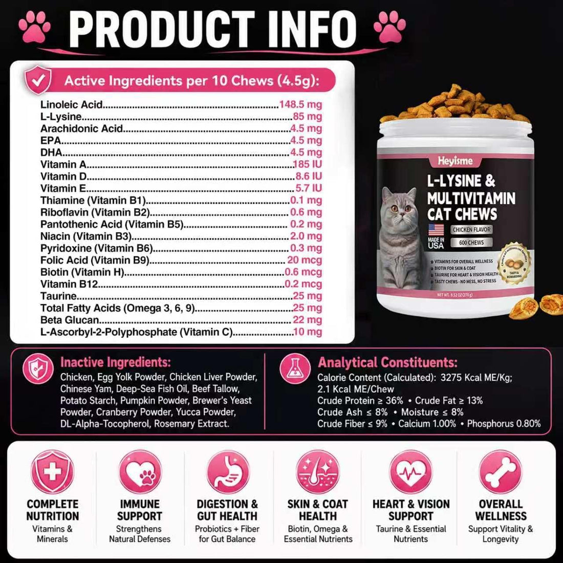 L-Lysine for Cats, 600 Chews Cat Immune Support, Cat Multivitamin