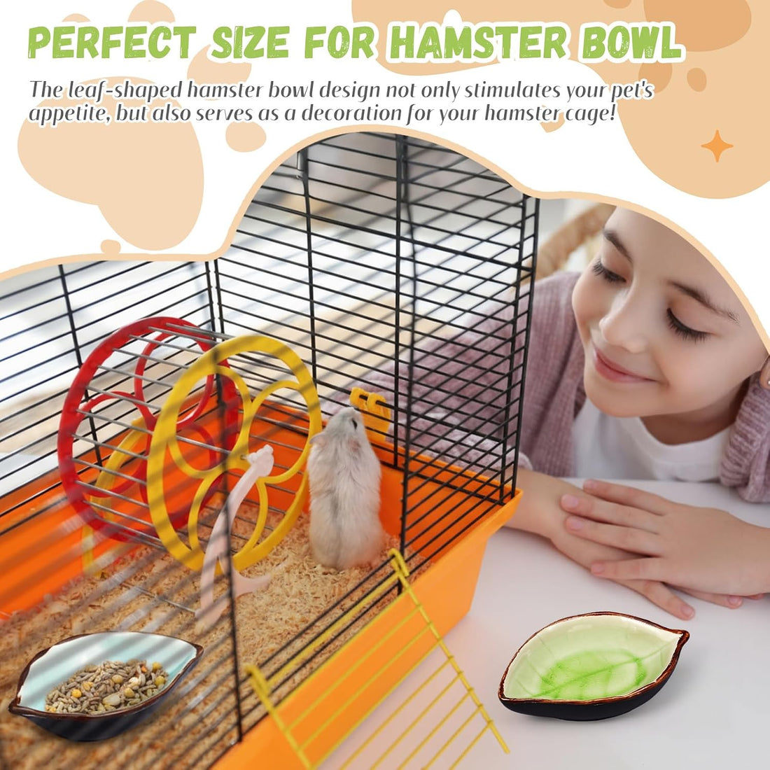 2 Pcs Ceramic Food Water Bowl Dish for Hamster Pets, Leaf