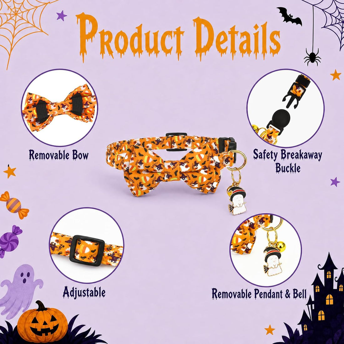 6 Pack Halloween Cat Collar with Bow Tie and Bell Breakaway Cat