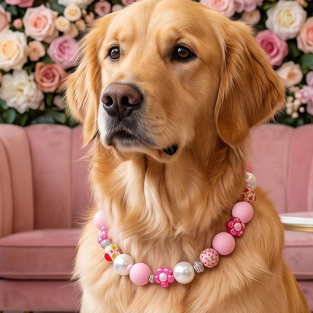 Pink Floral Beaded Collar Necklace for Dog Pet Costume Accessory
