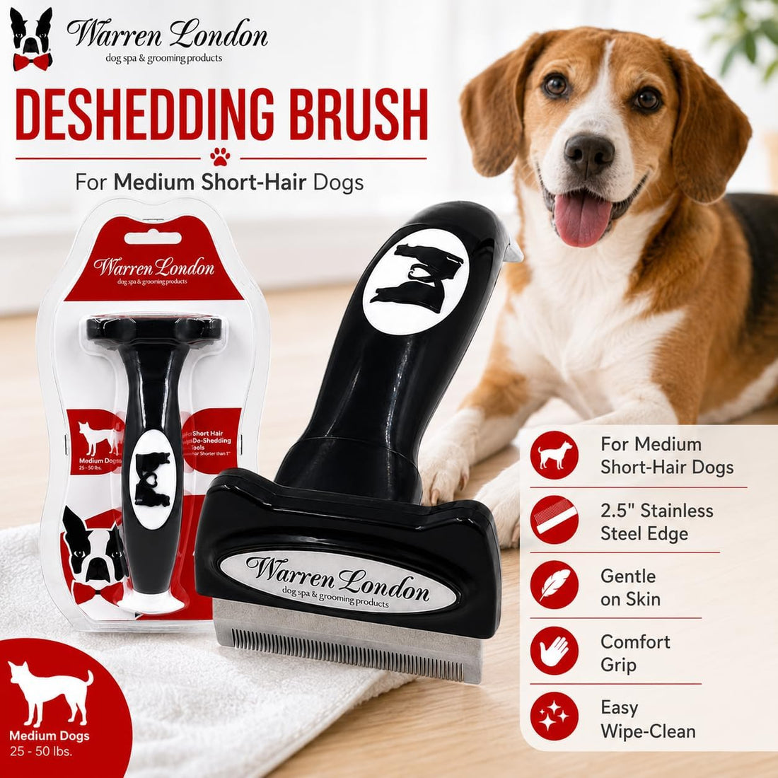 Warren London Deshedding Brush for Medium Dogs, Short Hair