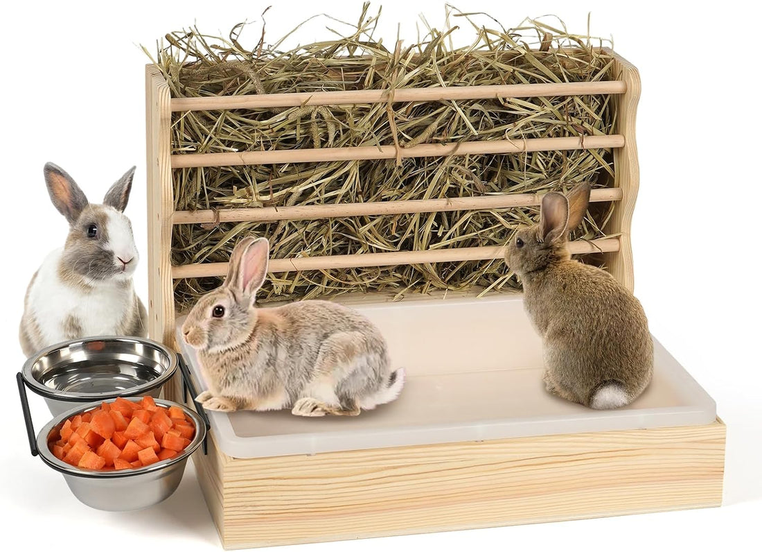 Rabbit Hay Feeder, 3 in 1 Wood Bunny Hay Holder with Litter Box