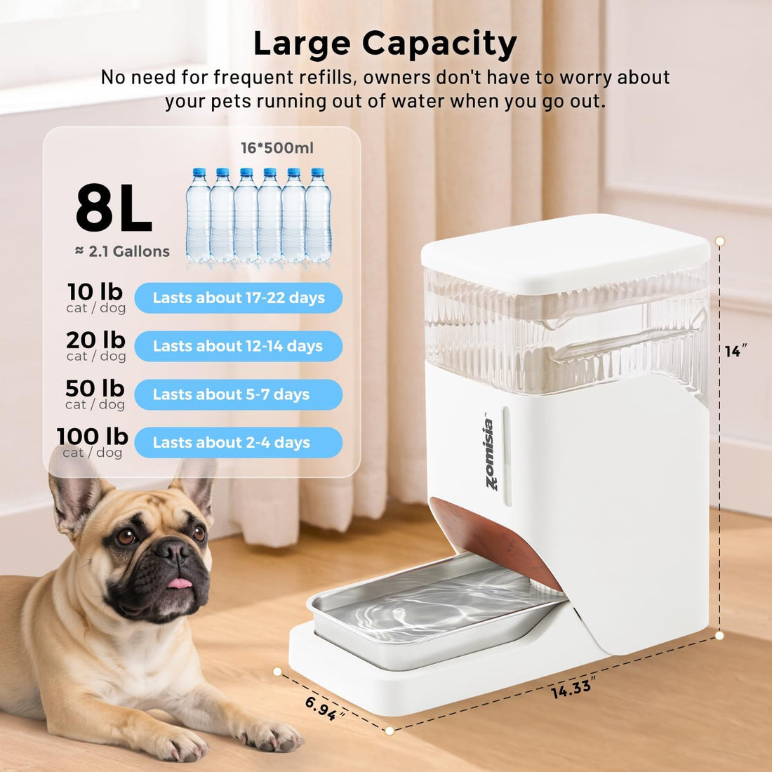 ZOMISIA 2.1 Gallon Gravity Dog Water Dispenser with Stainless Steel