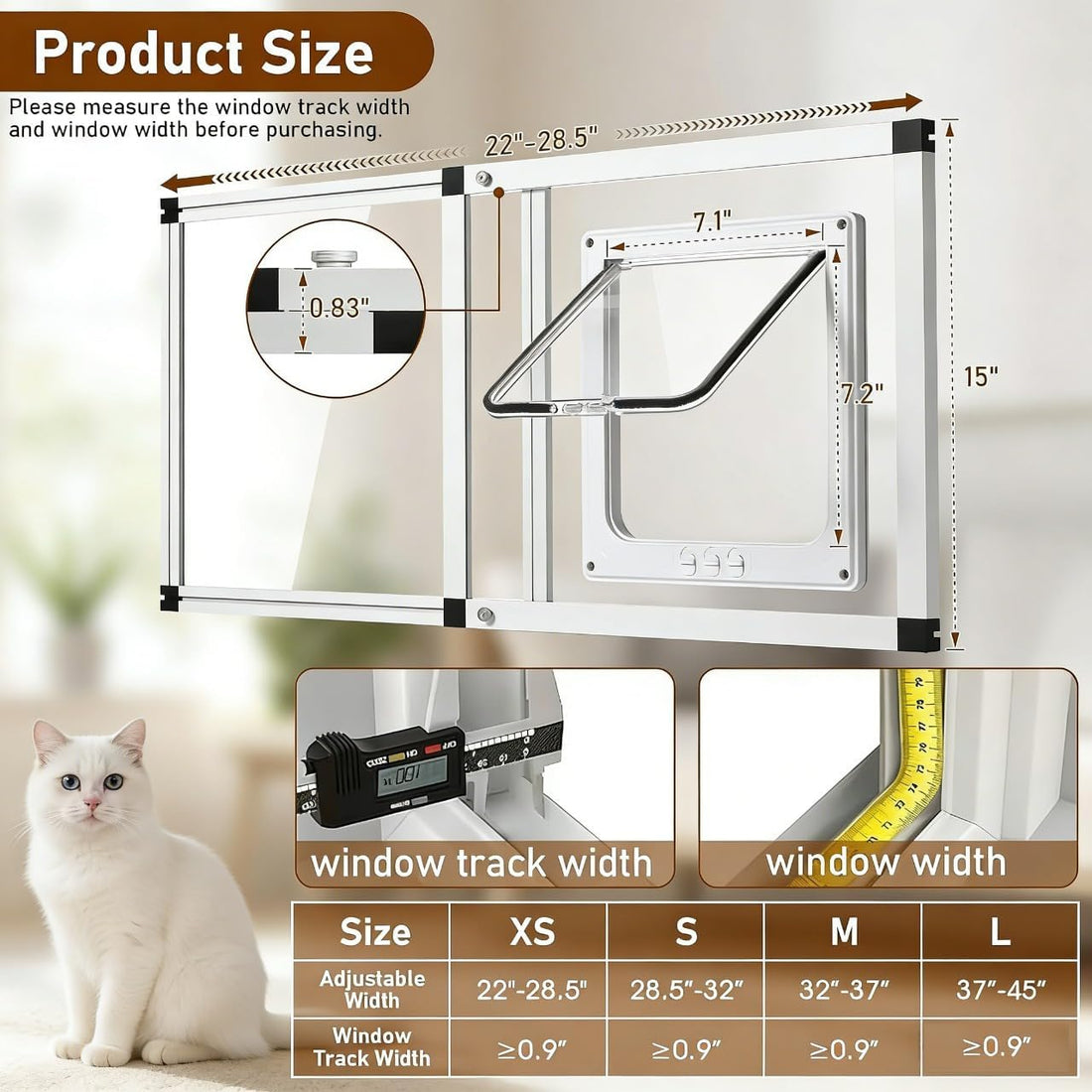 Full Glass Cat Door for Window,22"-28.5" Adjustable Width,1-Min