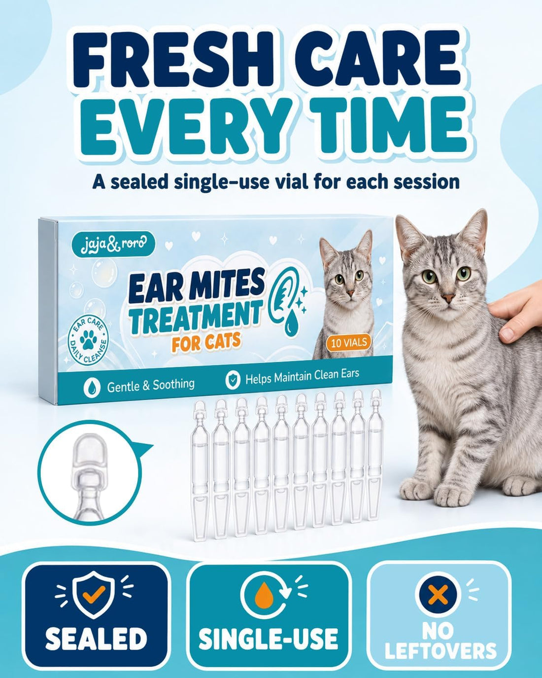 JAJA&RORO Single-Use Vials Drops Ear Mites Treatment for Cats