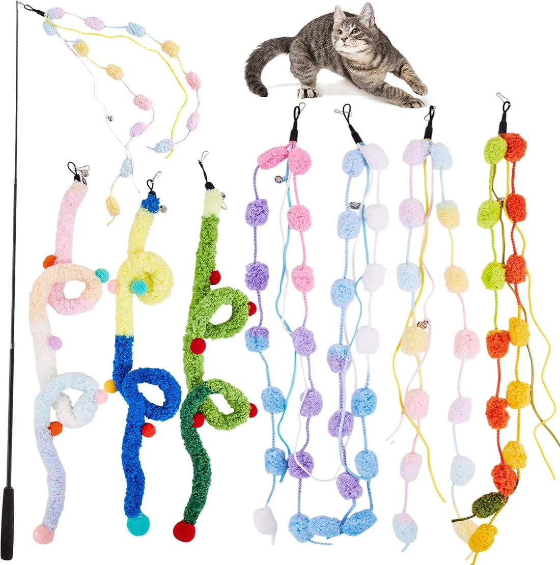 Cat Wand Toy, 8Pcs Retractable Plush Srtip Cat Teaser Wand Toys