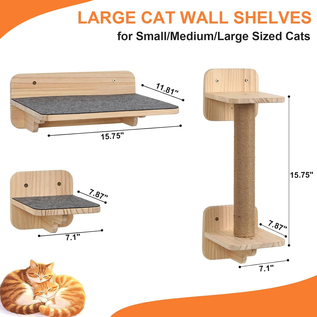 Cat Wall Shelves, Wood Cat Wall Furniture with Scratching Post