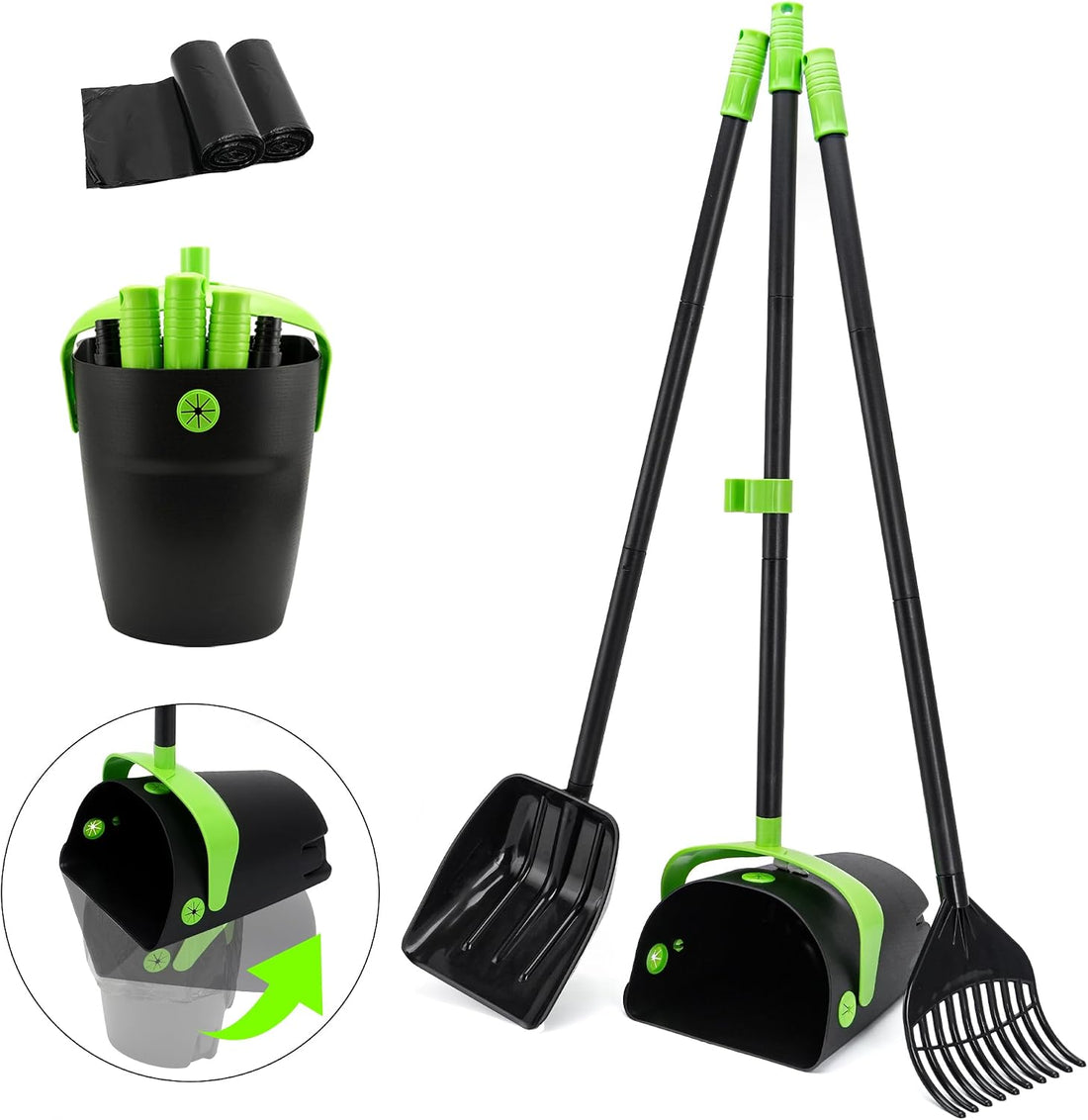 Pooper Scooper Swivel Bin & Rake & Spade Kit with Waste Bags