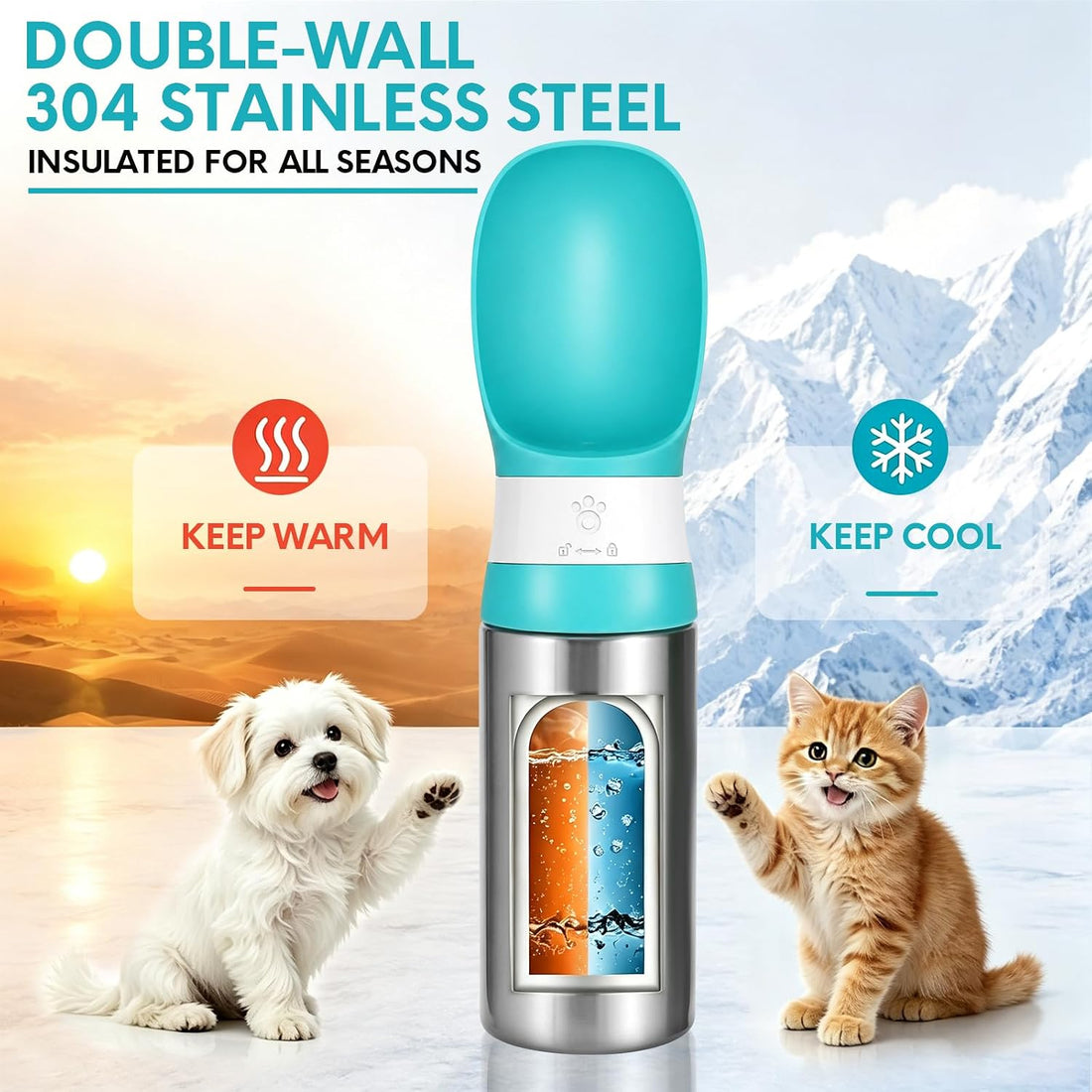 Portable Dog Water Bottle, 14 OZ Stainless Steel Pet Travel Bowl, Blue