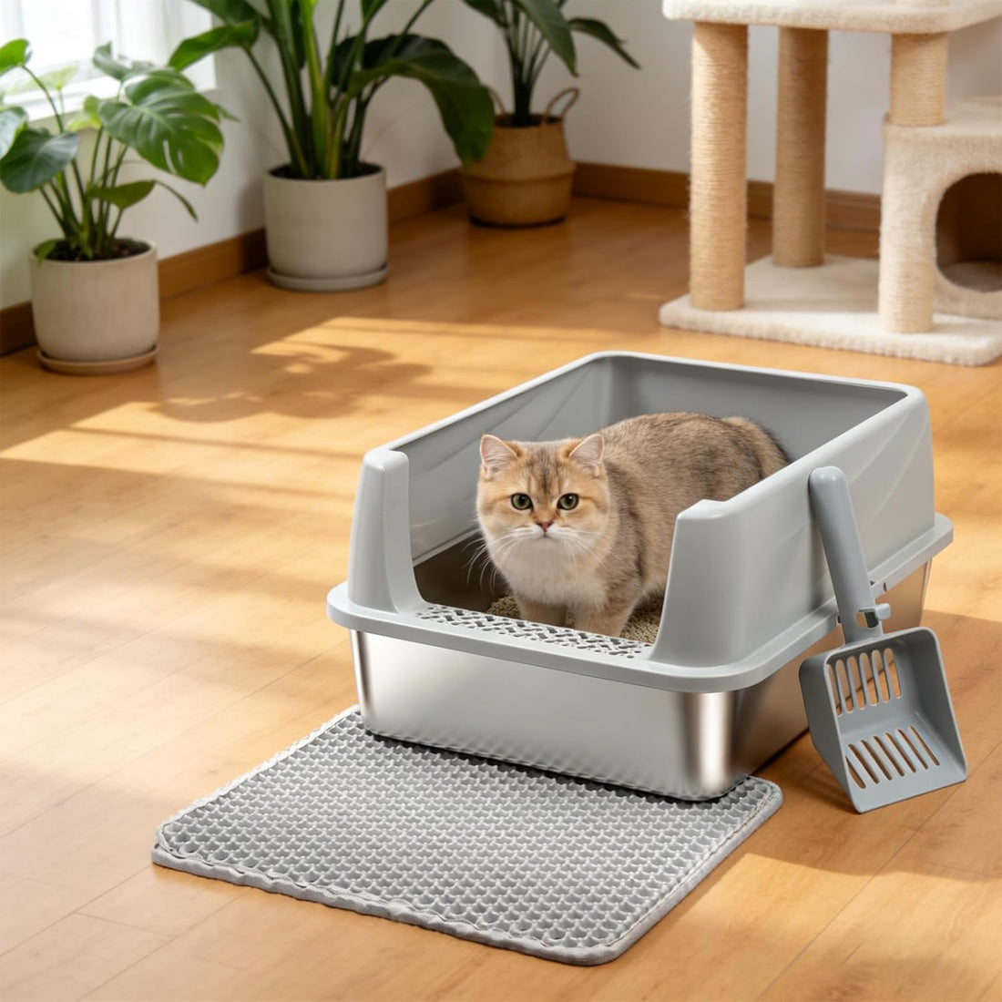 FUTAM Stainless Steel Litter Box with Lid, Metal Litter Box High Sides