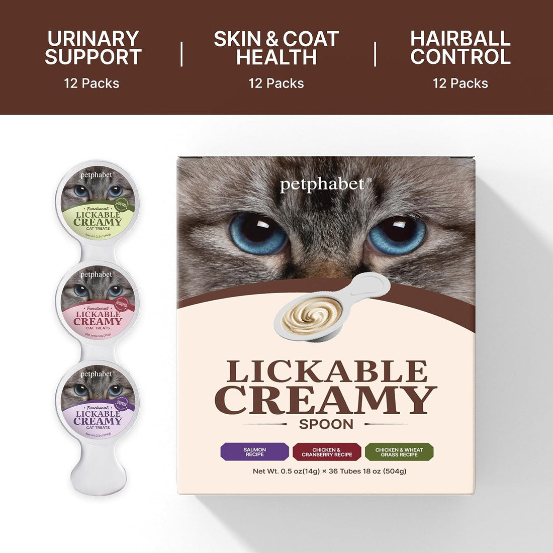 PETPHABET Lickable Cat Treats Spoon, 3 Flavors Variety Pack, 36 Count