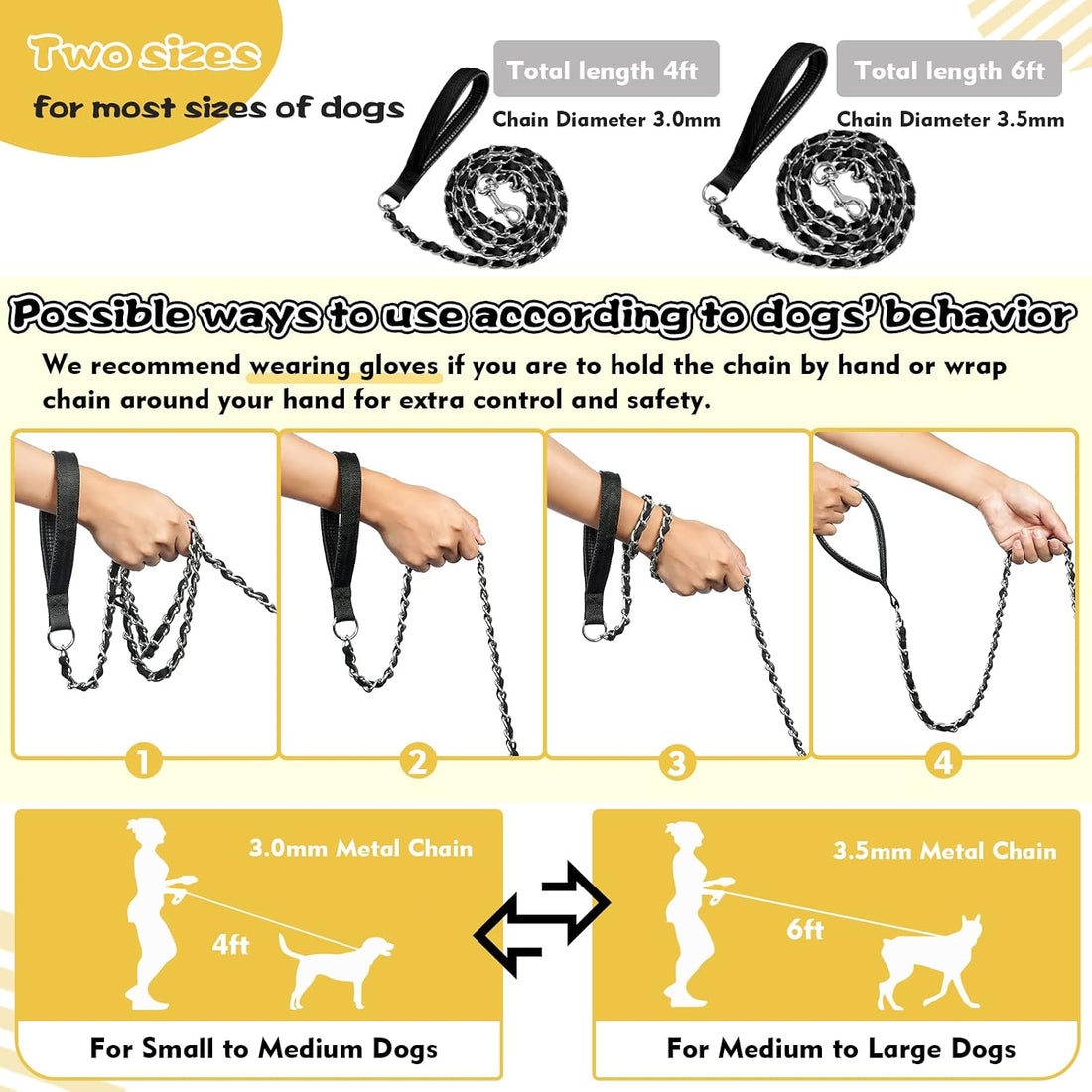 Metal Chain Dog Leash Chew Proof for Dogs, Black, 3.0mm, 4FT