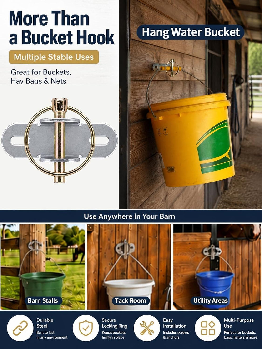 4 PCS Horse Water Bucket Hooks with Locking Pin, Feed Bucket Holder