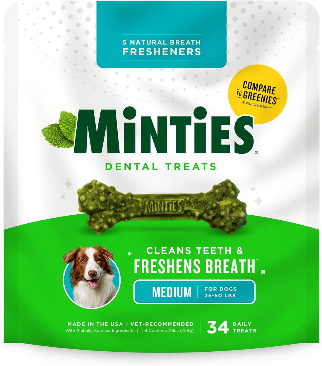 Minties Mint Dental Chews for Dogs, Medium Breeds 25-50 lbs, 20 Count