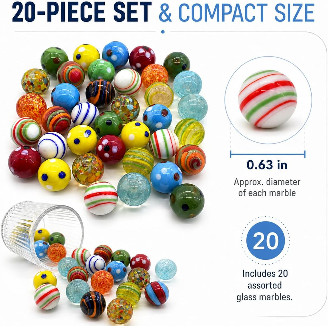20 Pcs Assorted Glass Marbles, 16mm/0.63 Inch Glass Marbles Bulk