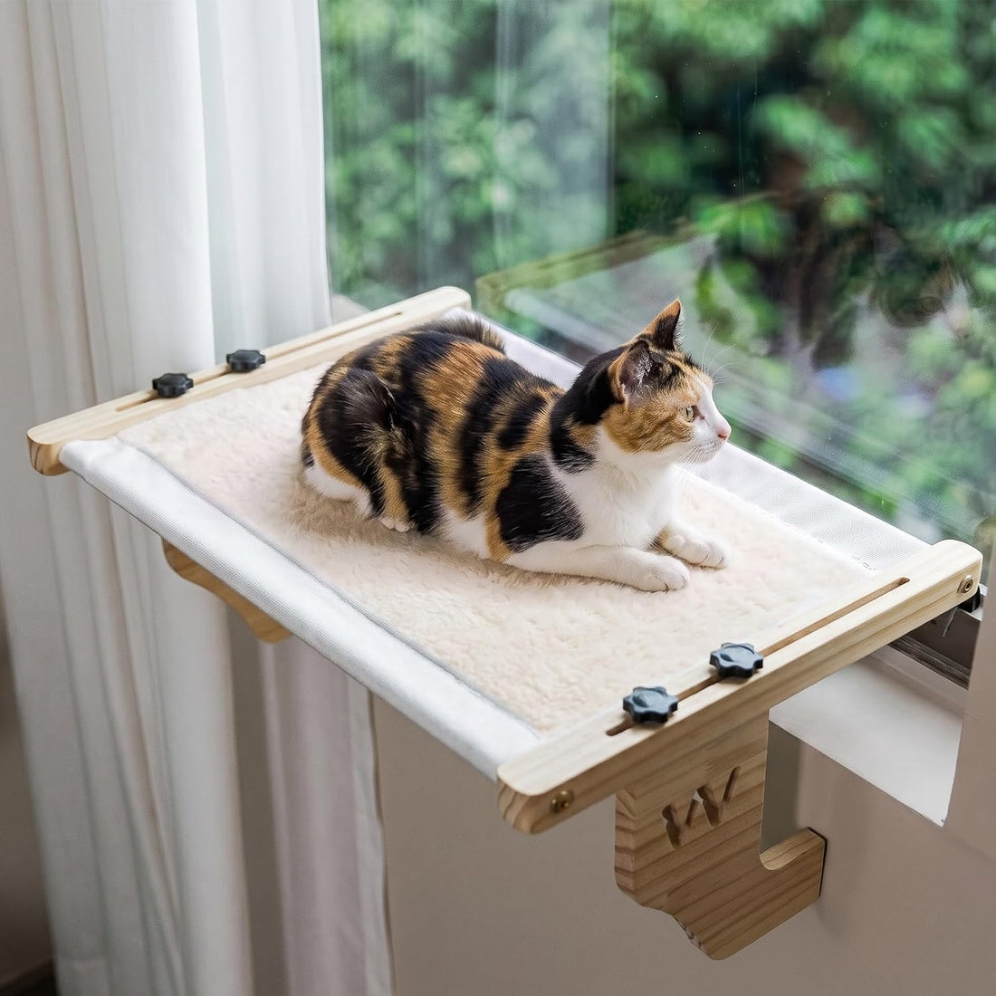 WOOCHPET Wooden Cat Window Perch, Cat Window Bed with Soft Cushion