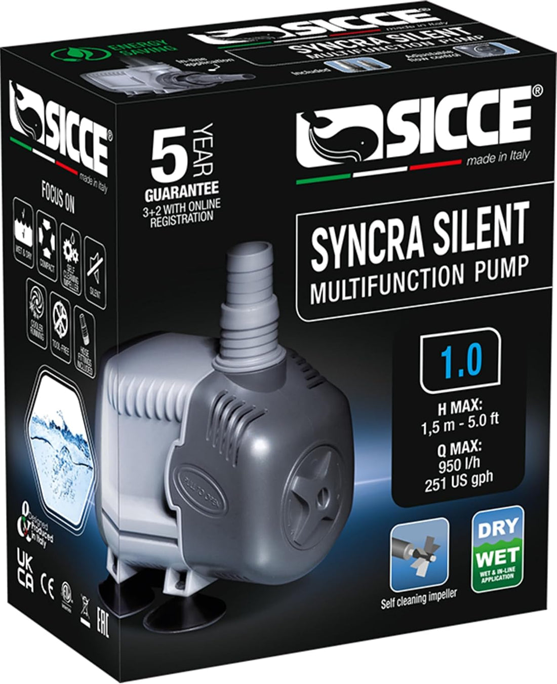 SICCE Syncra Silent 1.0 Multifunction 251 GPH Submersible Water Pump