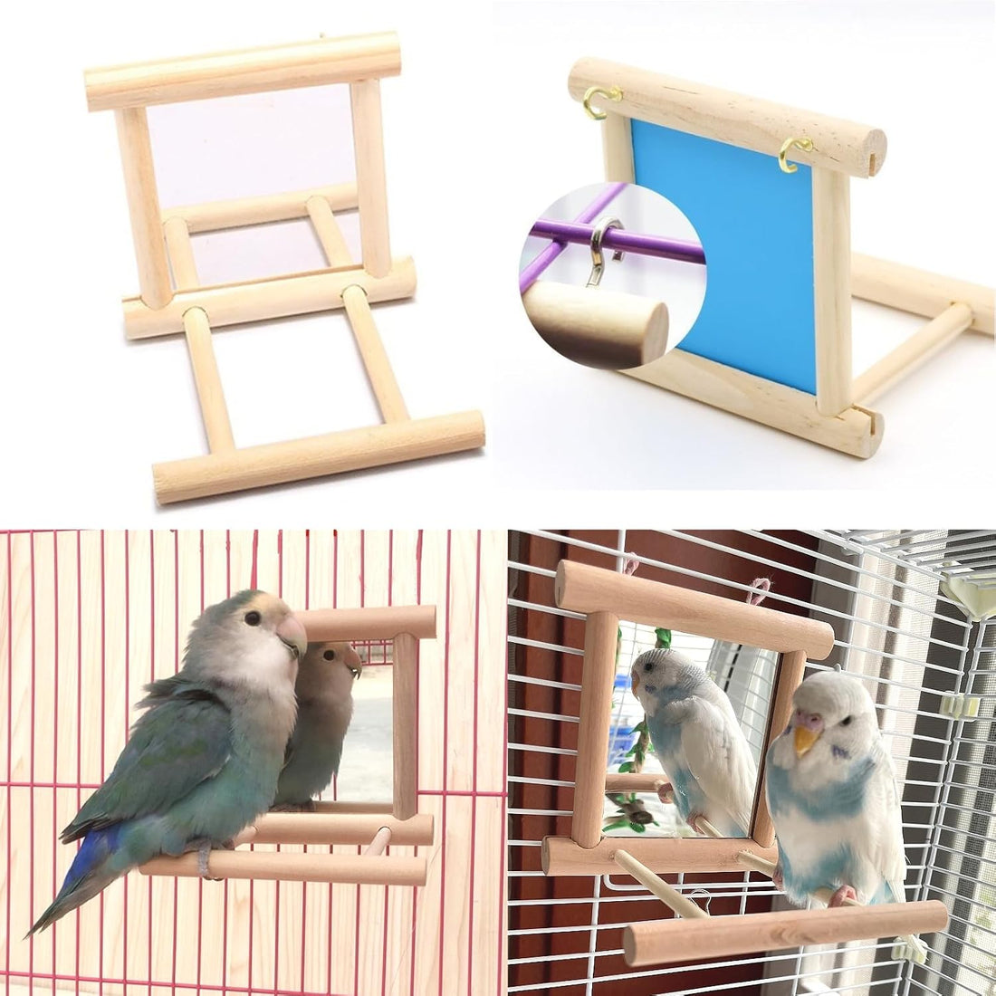 Hamiledyi Bird Mirror Parakeet Mirror Perch Stand Wooden Swing Mirror