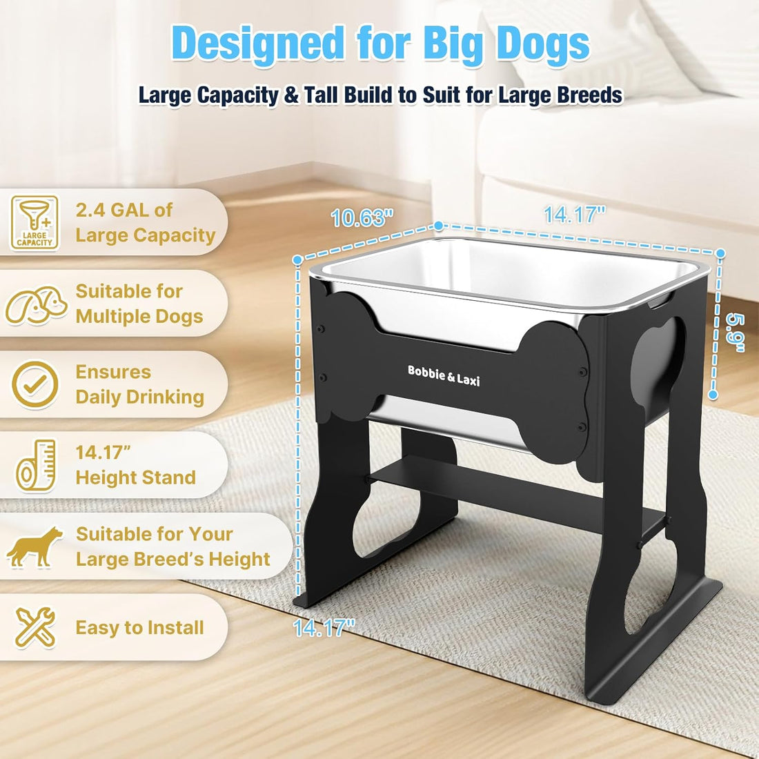 2.4 Gallon Elevated Large Dog Water Bowl,14" Raised Stainless Steel
