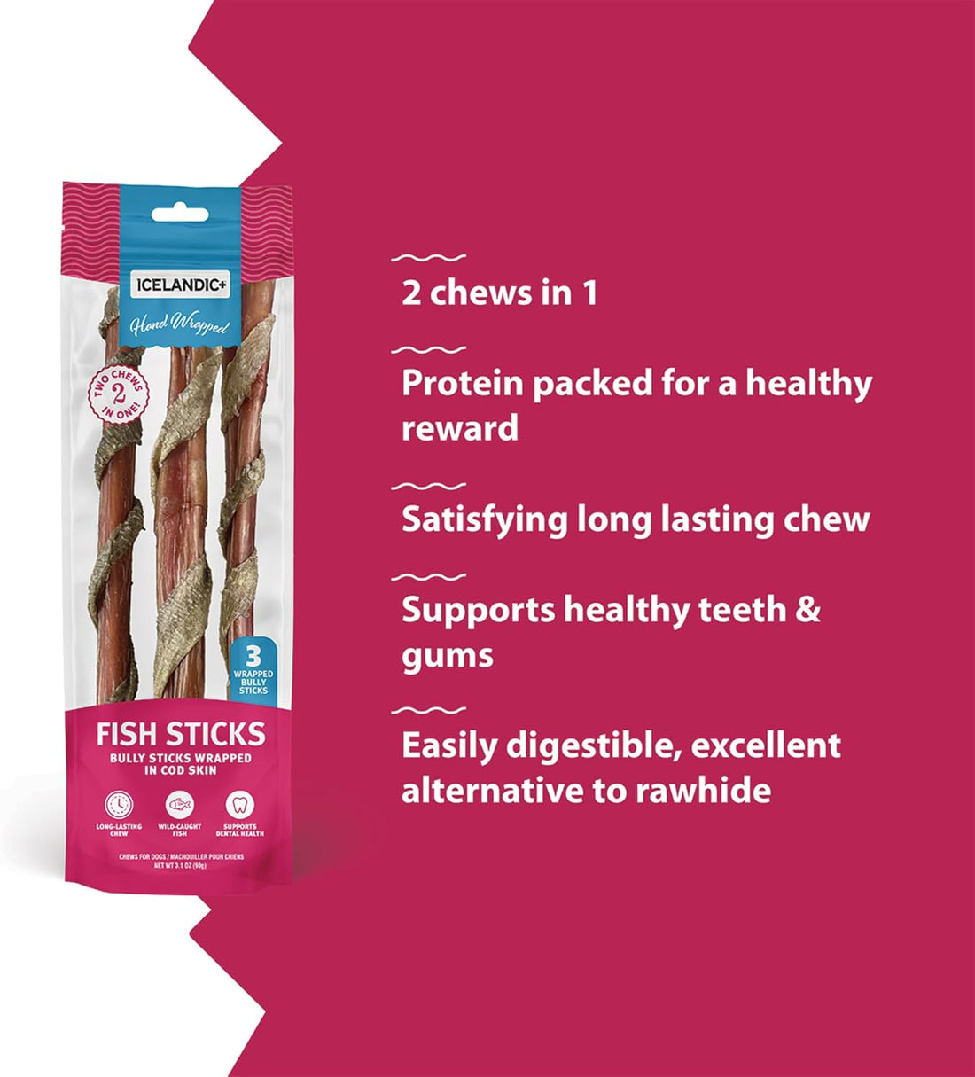 Icelandic+ 3 Pack 12" Hand-Wrapped Bully Sticks in Cod Skin Fish Dog