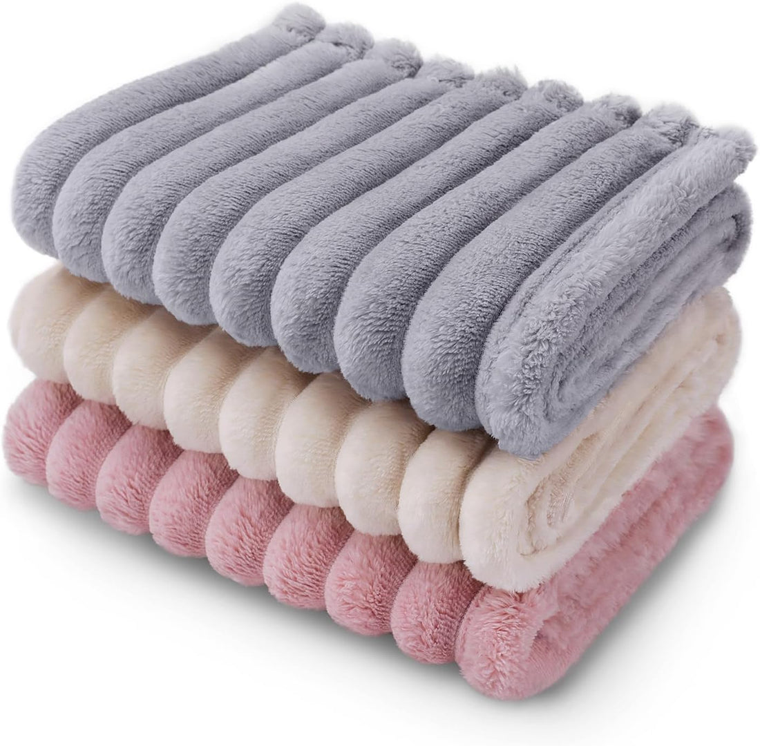 LINENLUX 1 Pack 3 Fleece Dog Blanket Soft Warm Cat Beige/Pink/Grey