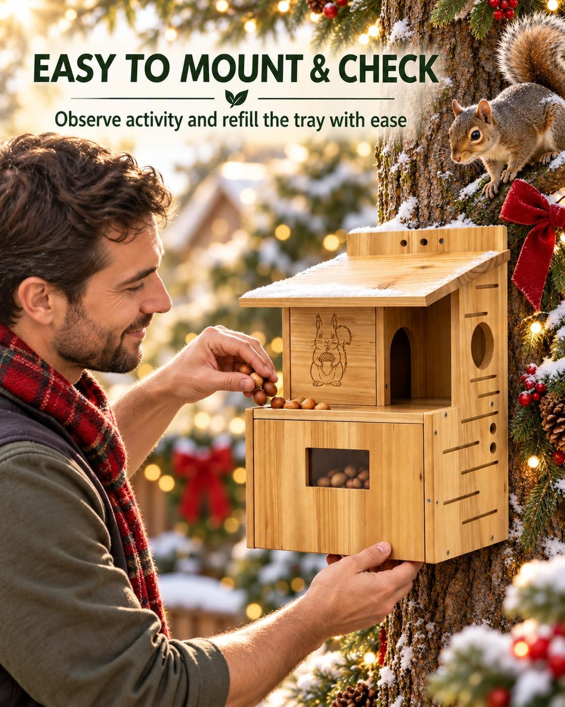 Large Squirrel House for Outside, Fir Wood Squirrel Box with Window