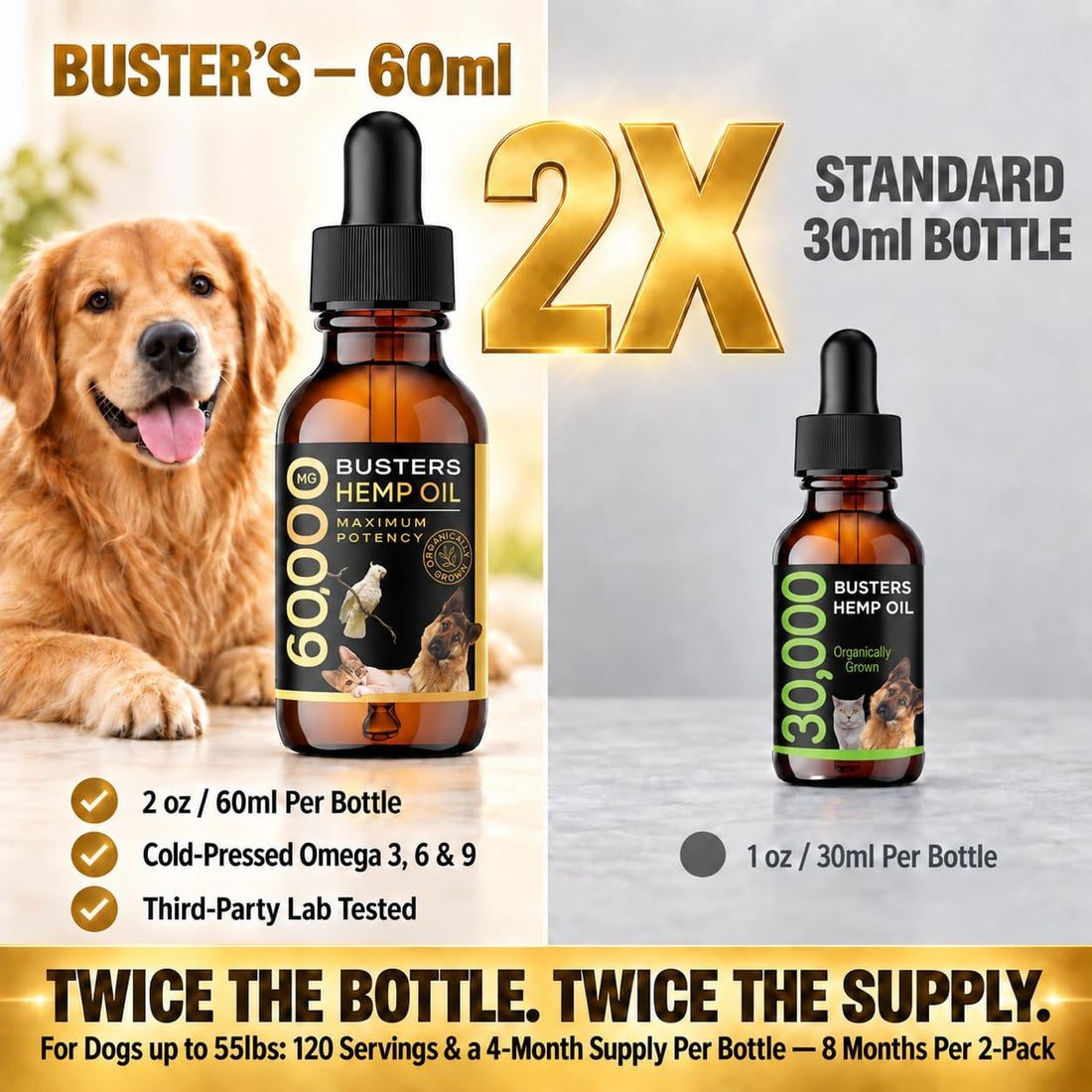 Buster's Hemp Oil for Dogs & Cats, Calm, Joint, Coat, 2-Pack 60ml