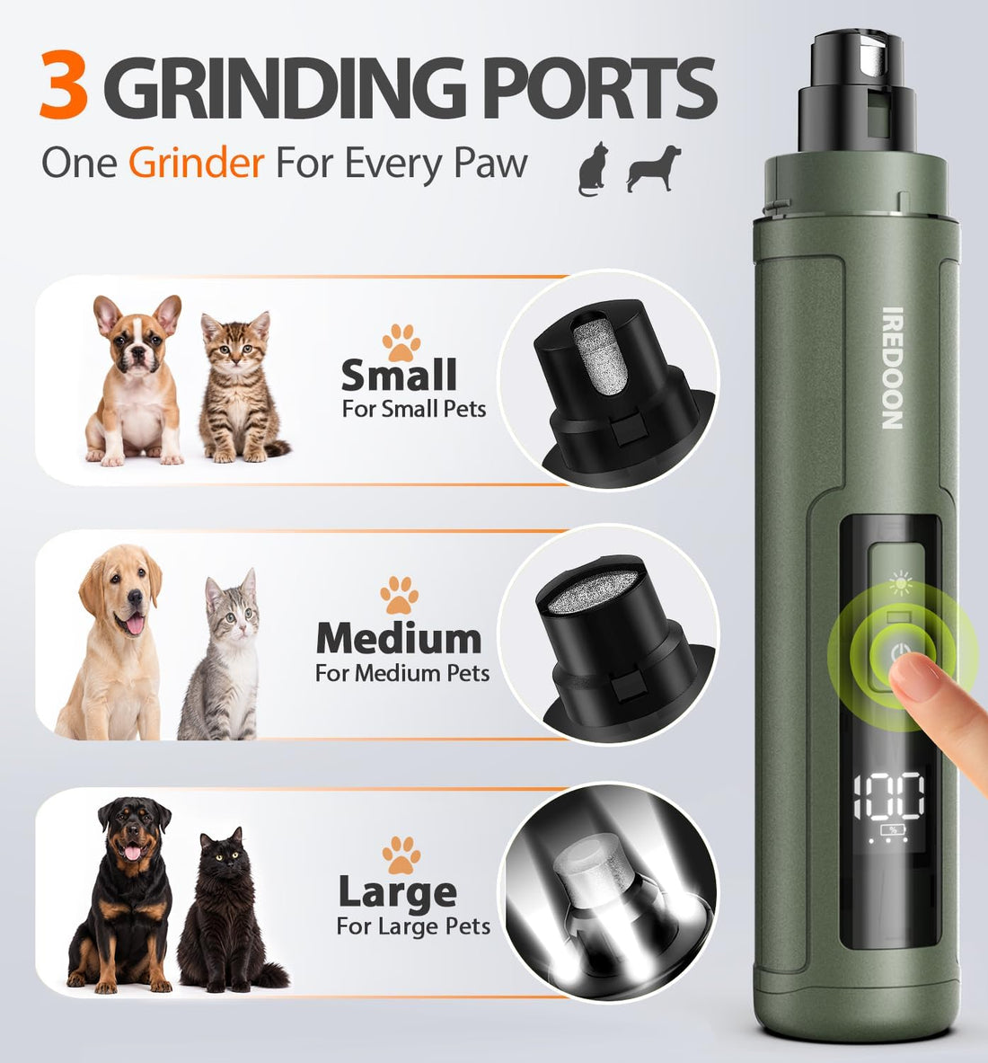 IREDOON Dog Nail Grinder with 4 LED Lights