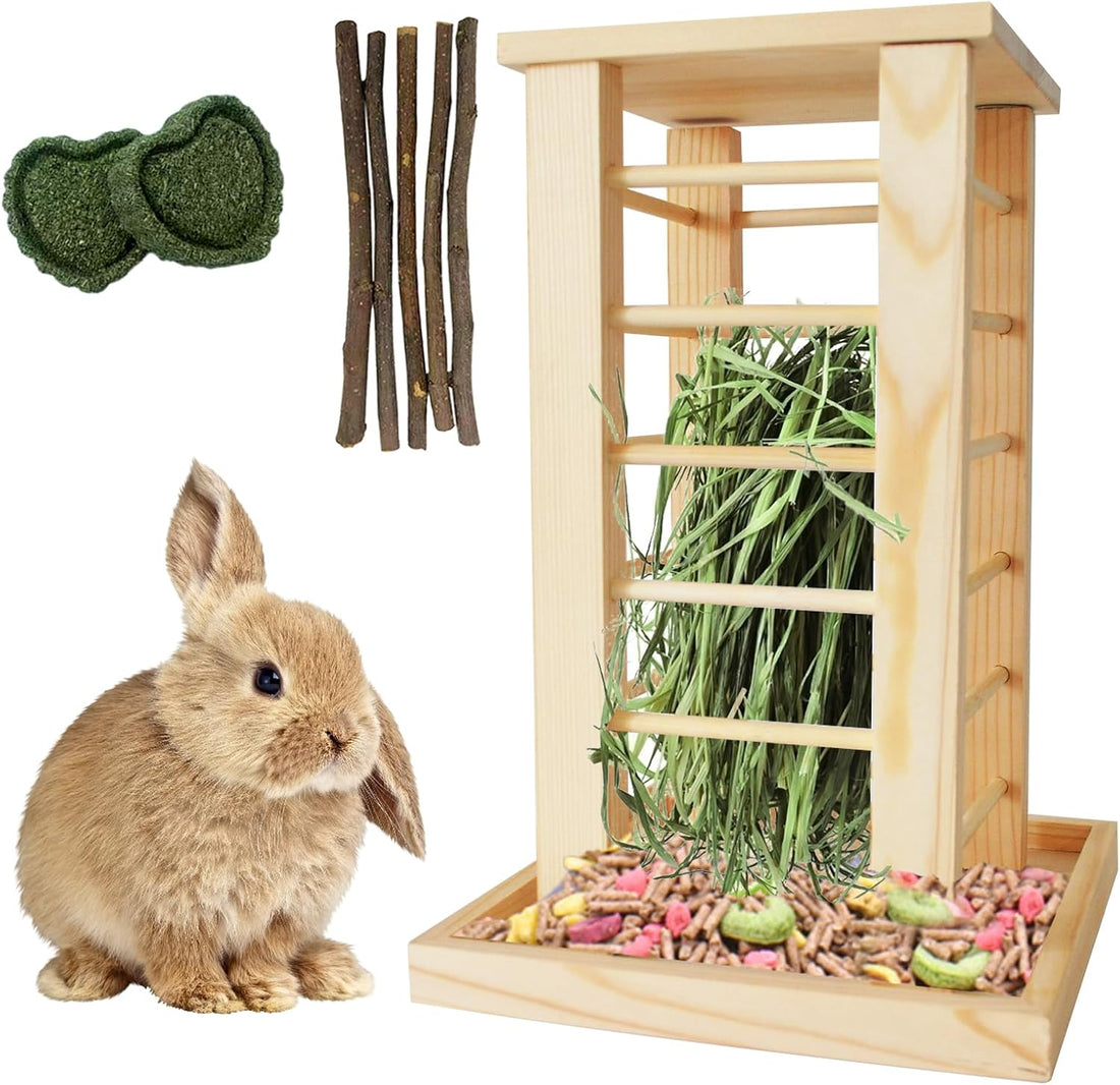 kathson Rabbit Wooden Hay Feeder,Wooden Rabbit Hay Rack Less Wasted