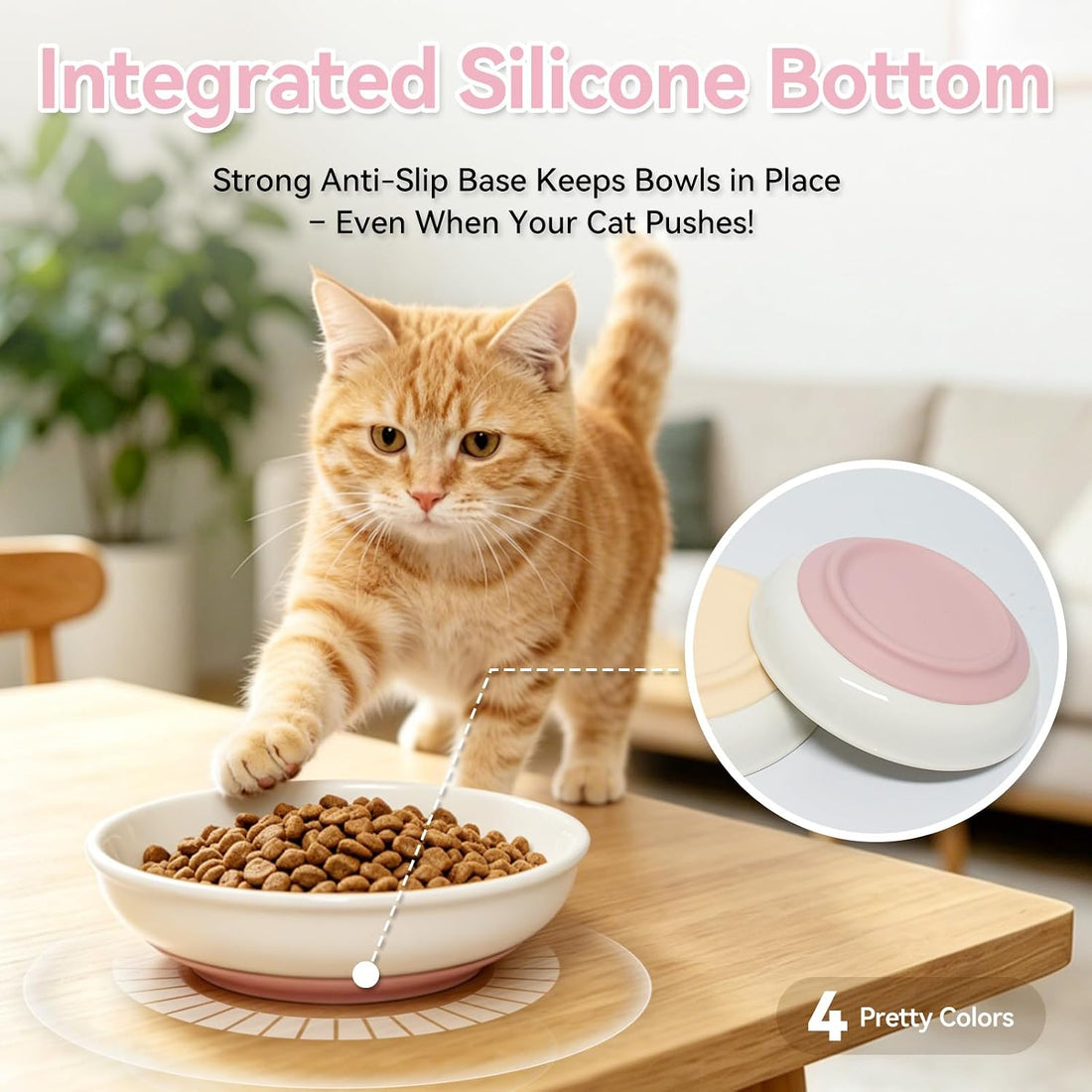 [4 Pack] Ceramic Cat Bowls, Cat Dishes with Non-Slip Silicone Bottom