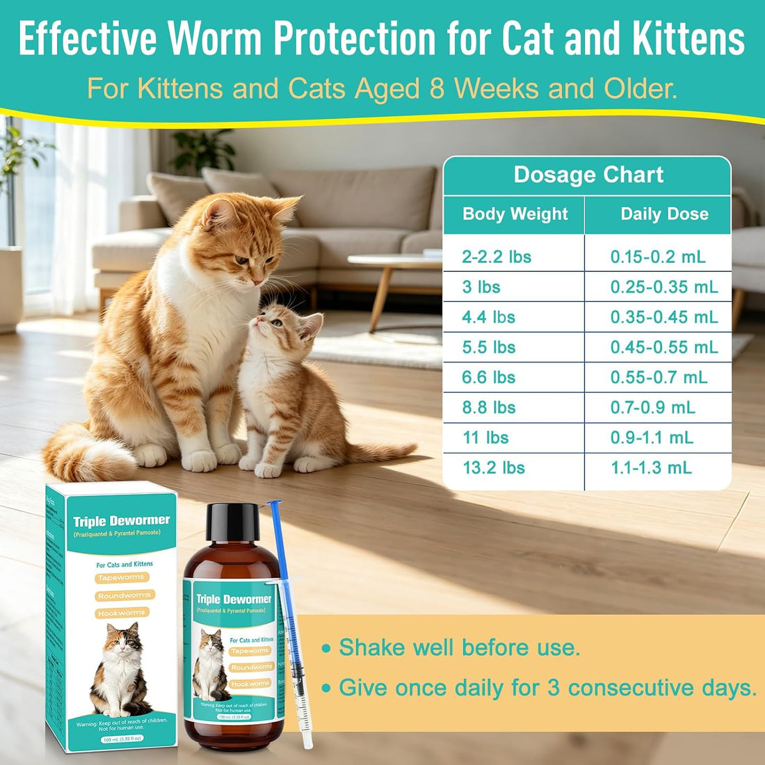 Cat Dewormer Liquid, Triple Dewormer for All Worms