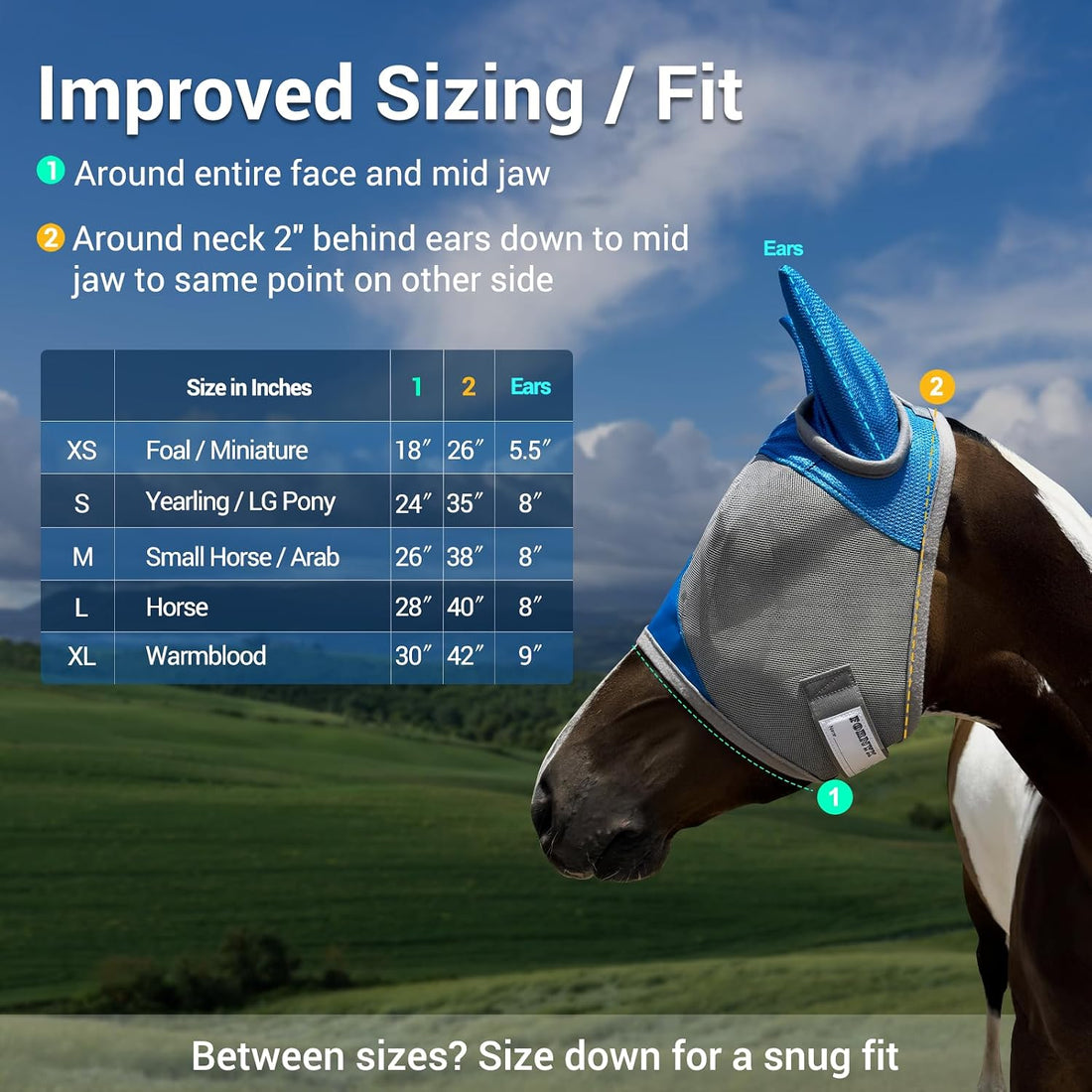 Horse Fly Mask with Ears, UV Block Breathable Mesh (Blue, L)