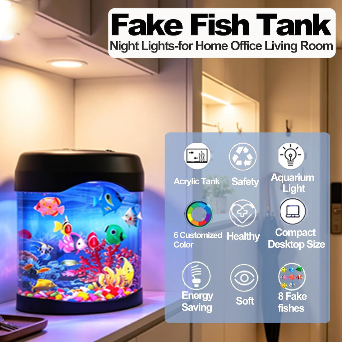 Fake Fish Tank Night Light, 6 Color Changing Aquarium Lamp with 8