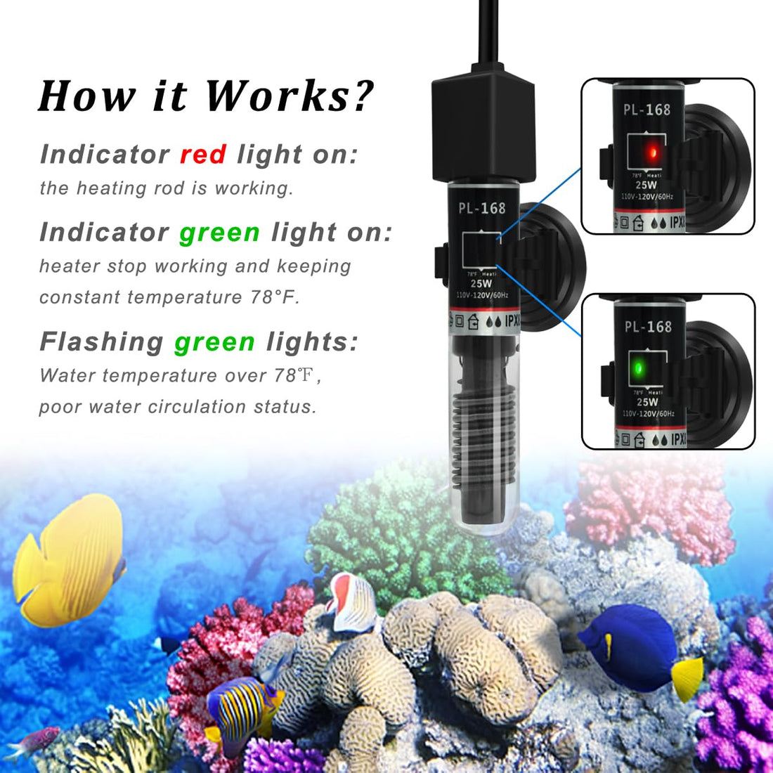PULACO 25Watt Mini Aquarium Heater, Submersible Betta Heater