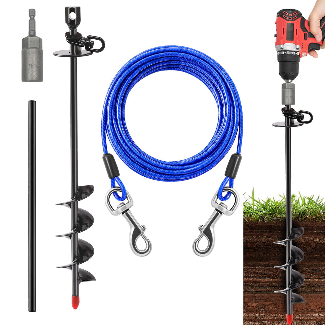 Heavy Duty Dog Tie Out Cable and Stake,30FT Rust Proof Dog Tether