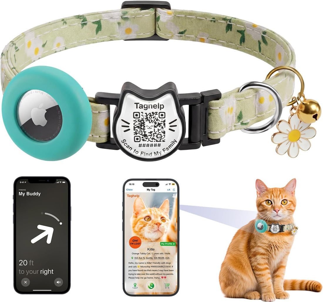 Flowers Pendant Cute Cat Collar with AirTag Holder,QR Code ID Tag