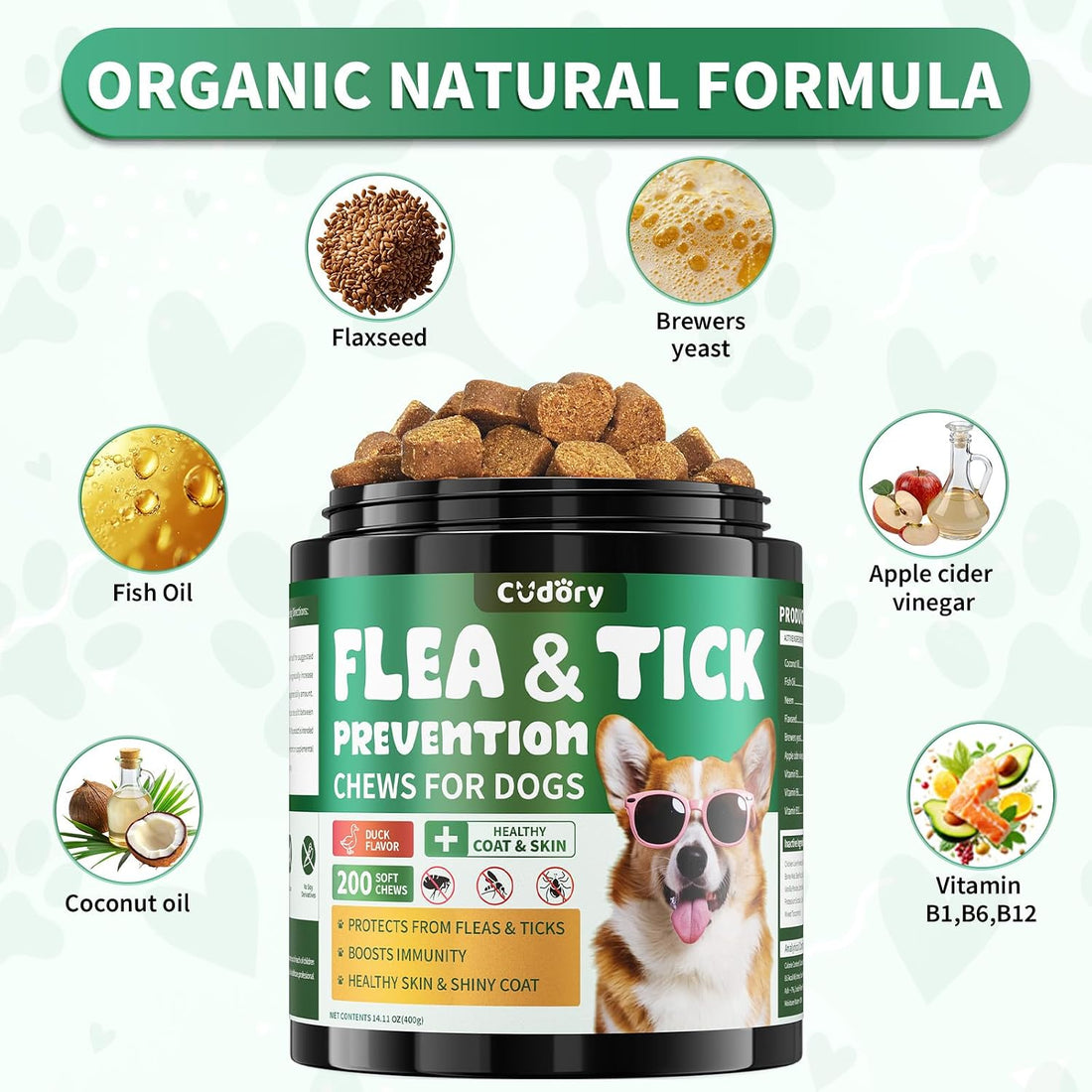 Cudory Flea and Tick Prevention for Dogs Chewables, 200 Soft Chews
