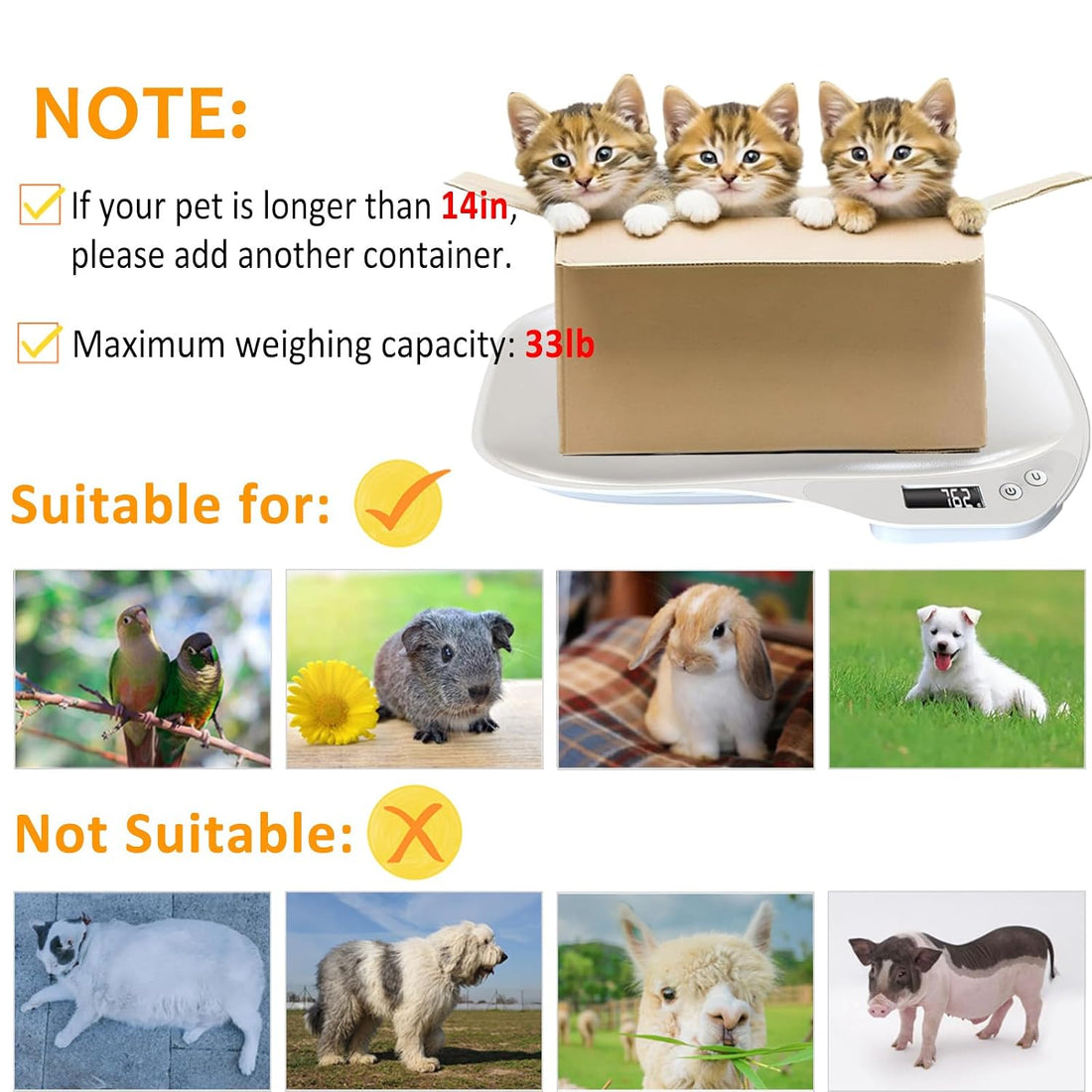 Small Animal Digital Scale, 14" x 10" Pet Weighing Scale Max 33lbs