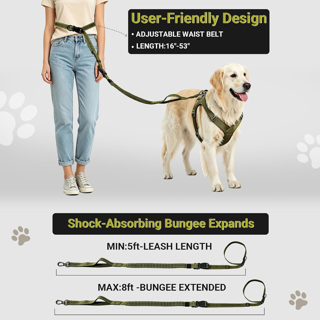 Hands-Free Dog Leash,Adjustable Waist Belt for Walking Running Hiking