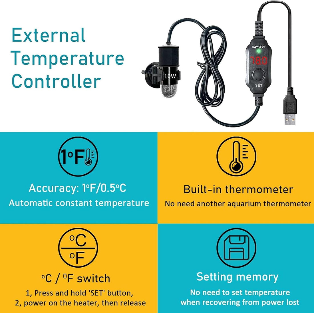 USB 10W Mini Submersible Aquarium Heater Adjustable Fish Tank Heater