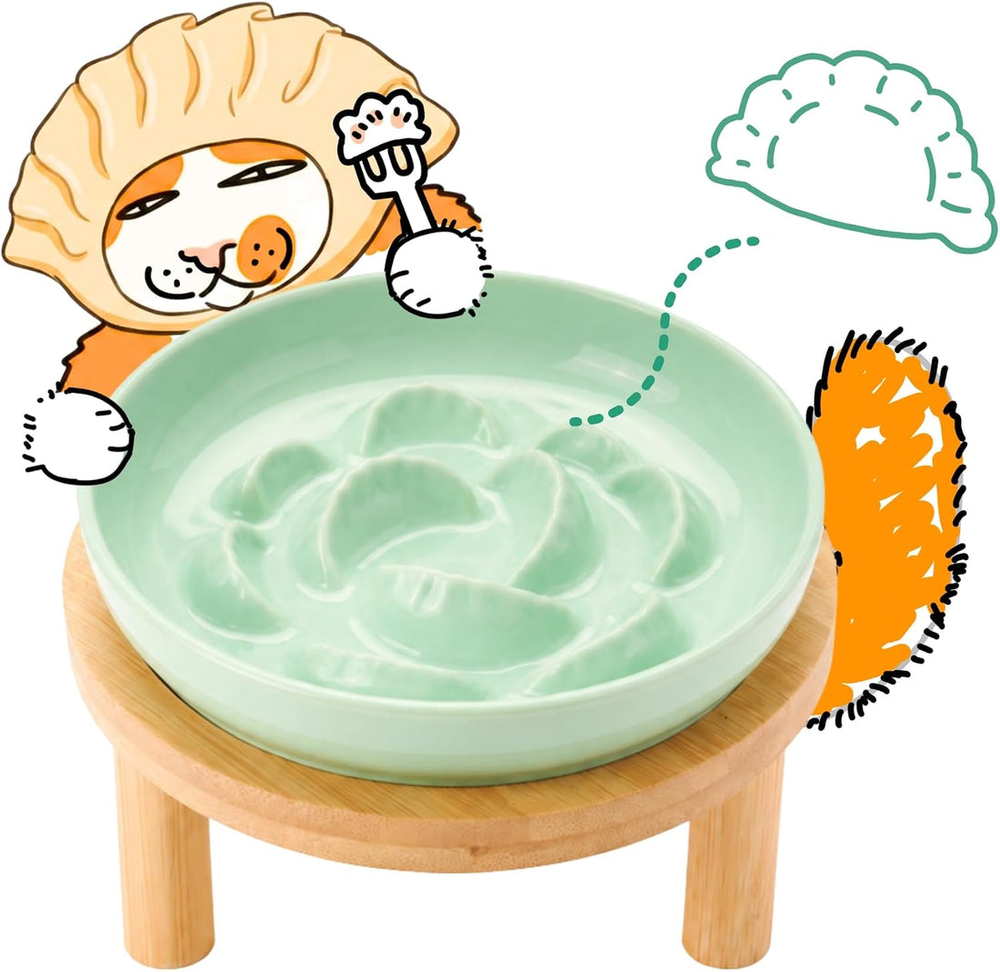 2 Pack Elevated Ceramic Cat Bowls with Bamboo Stand for Cat Bowl