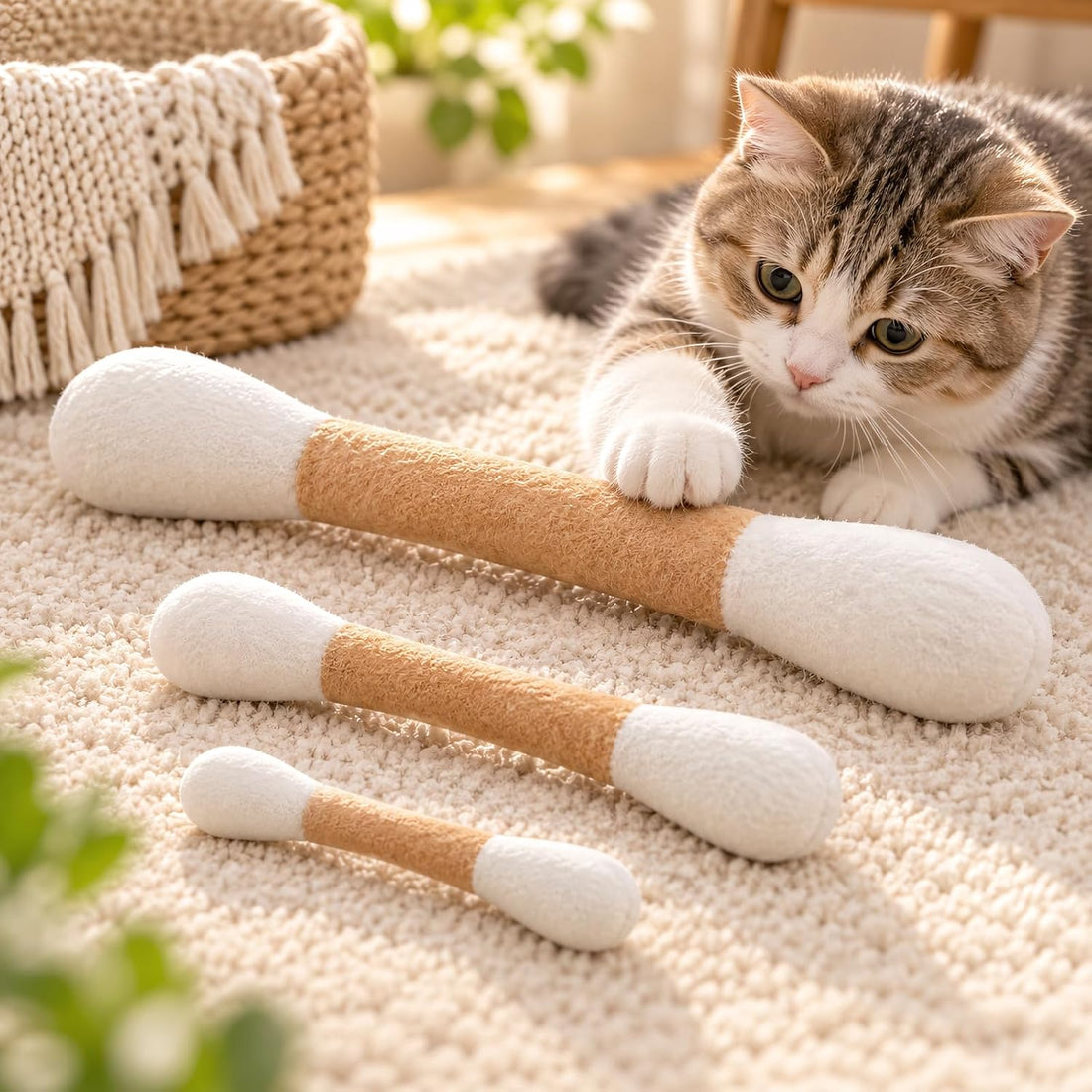 Cat Toys for Indoor Cats, Cotton Swab Cat Toy 3 Pack