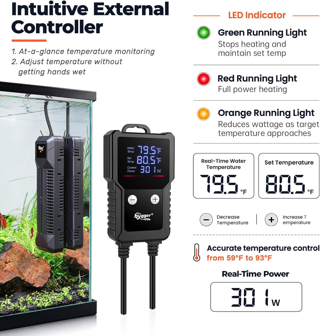 hygger 500W Submersible Aquarium Heater for Saltwater & Freshwater