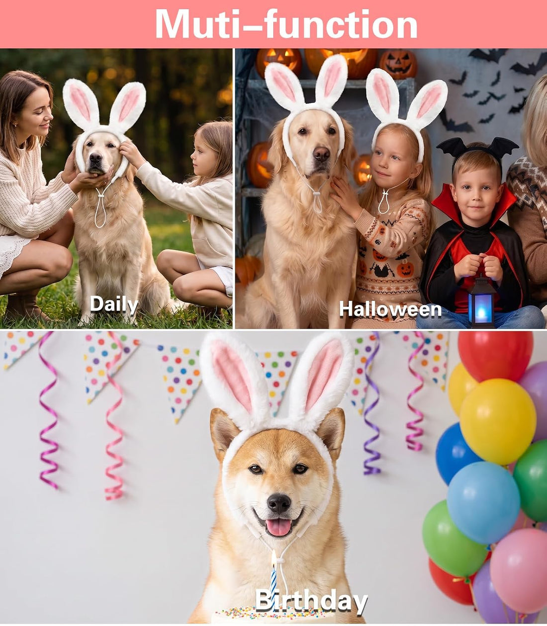 SIOTMERA Adjustable Dog Bunny Ears Headband, Fuzzy Pet Bunny Costume