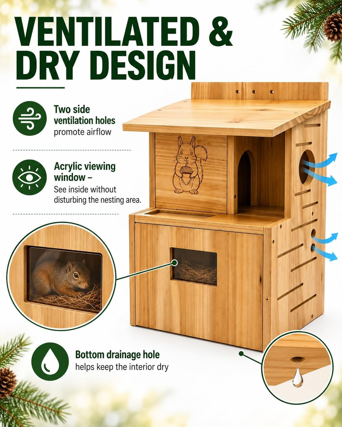Large Squirrel House for Outside, Fir Wood Squirrel Box with Window