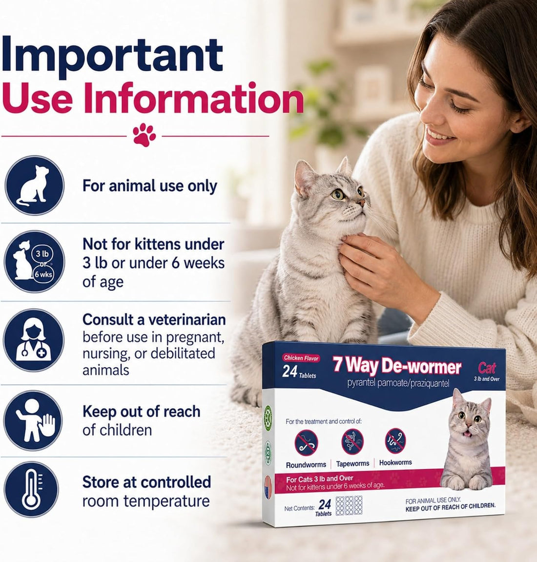 7 Way De-Wormer for Cats, Chicken Flavored Tablets for Roundworms