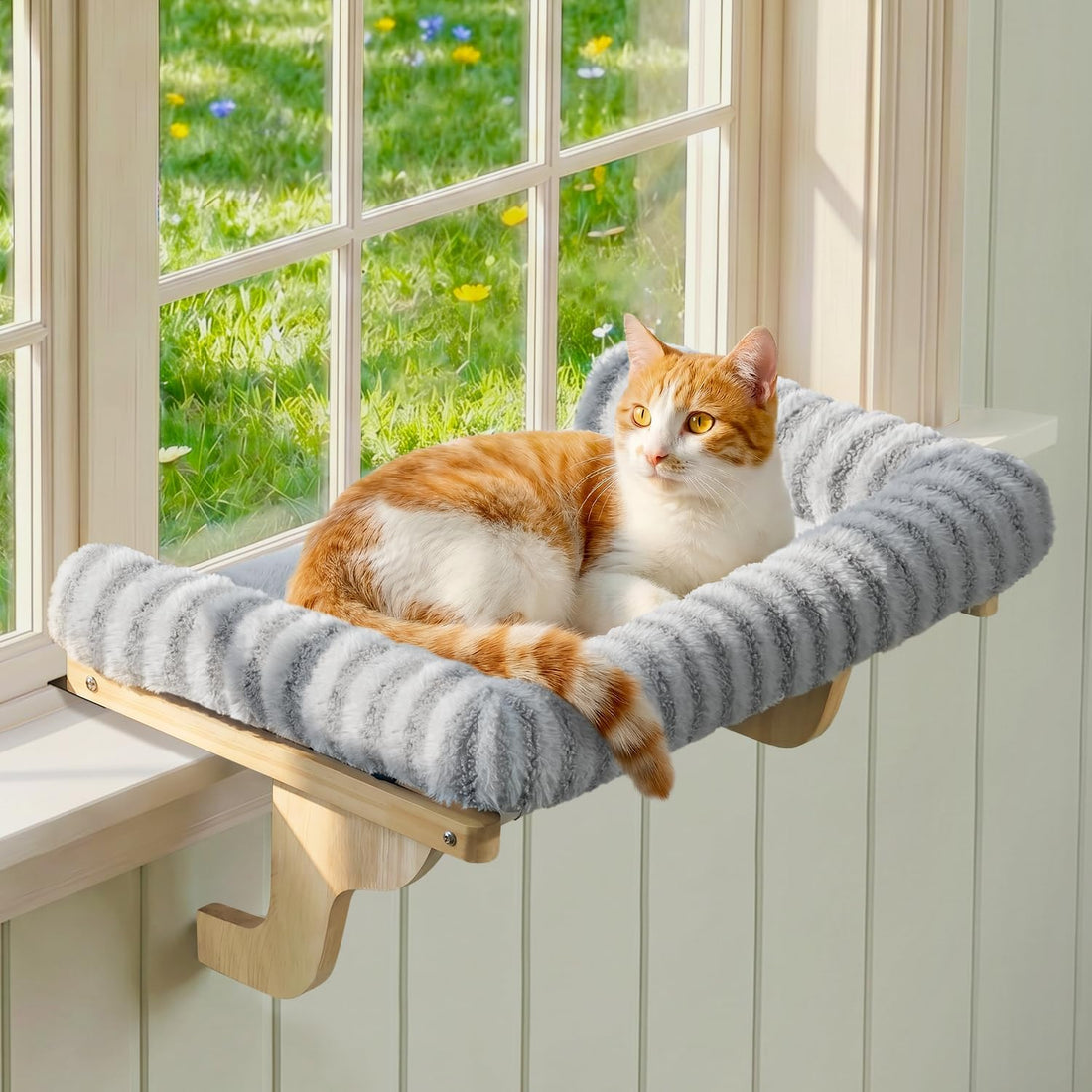 Zakkart Mellow Cat Perch for Windowsill with Hardwood Frame (Gray, L)