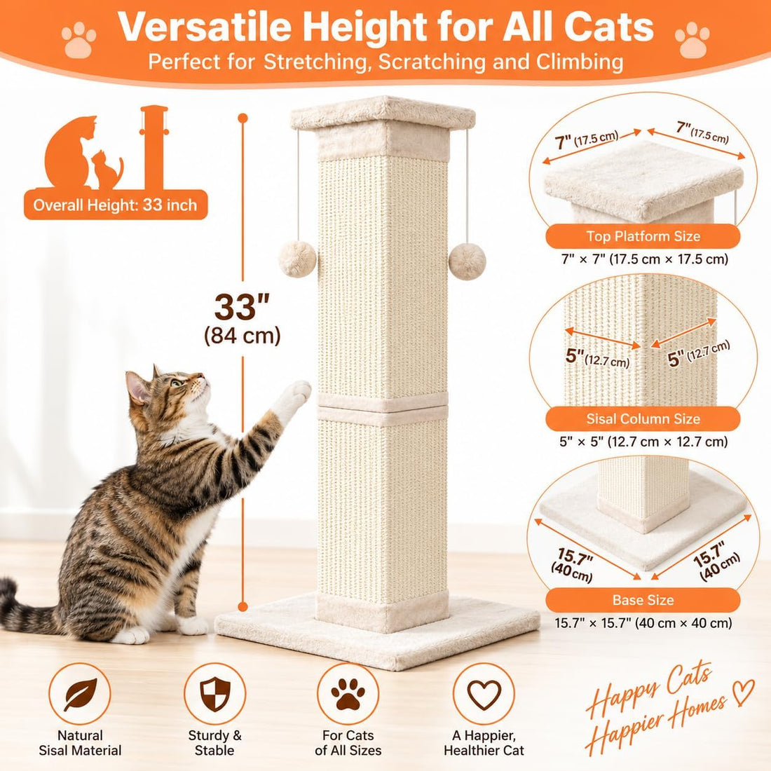 SOCATER Cat Scratching Post 33 Inch Nature Sisal Cat Scratch Post