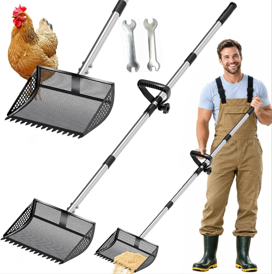 Chicken Poop Scooper Rake 2-in-1,304 Stainless Steel Shovel Head