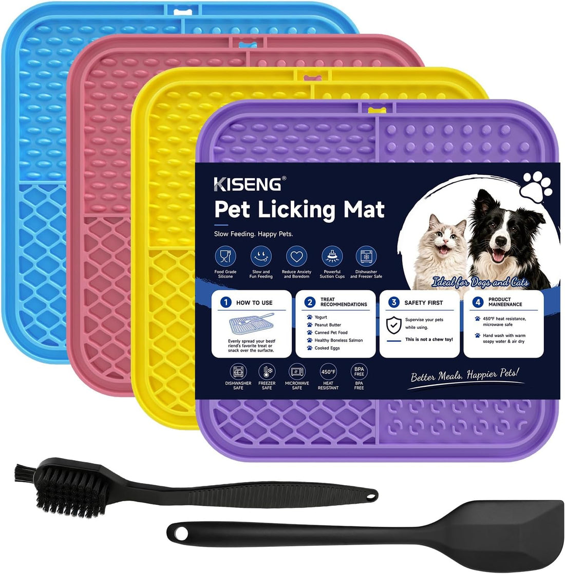 KISENGT Lick Mat for Dogs and Cats, Suction Cups, Slow Feeder, 4Pack